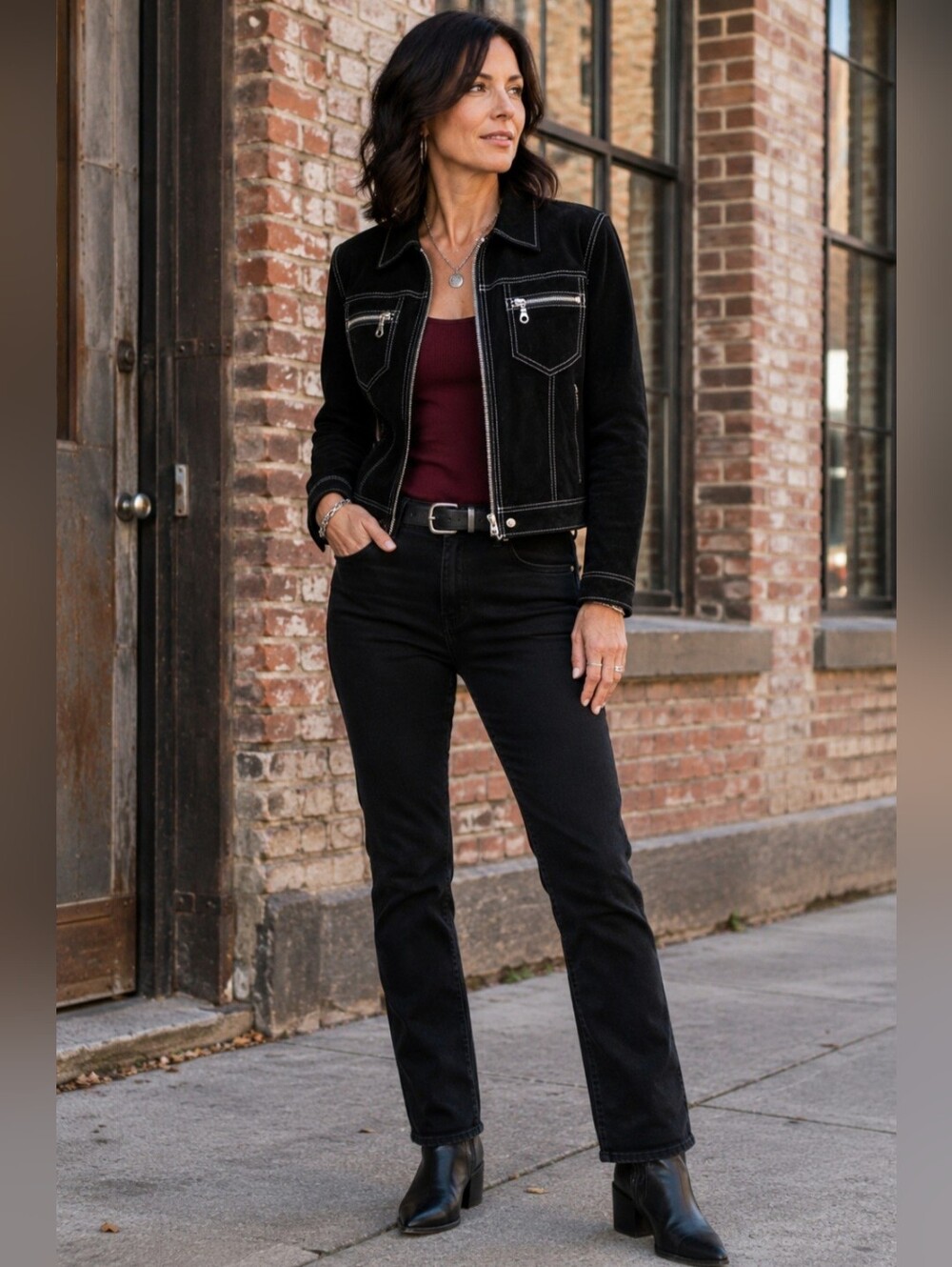 Wilson Black Suede Jacket with Silver Zip Pockets & Sculpted Gusseted Fit L